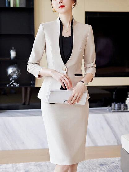 2 Piece Sets Women Office Ladies V Neck Single Button Blazers Skirt Suits