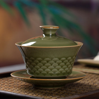 Modern Longquan Celadon Porcelain Gaiwan Chinese Tureen Covered Bowl Saucer Lid