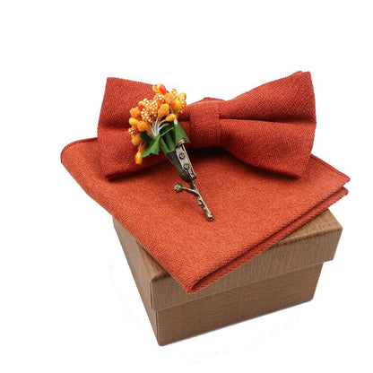 Men Bow Ties 3Pcs Cotton Handkerchief Flower Brooch Women Party Wedding Necktie