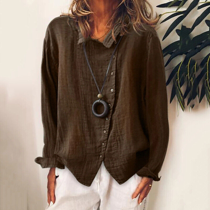 Women Cotton Linen Plain Blouse Tops Baggy Long Sleeve Casual Loose T-Shirt