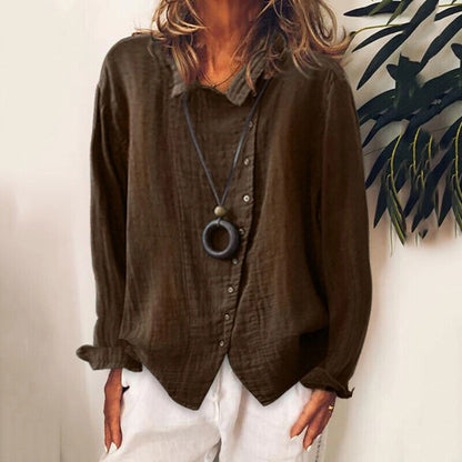 Women Cotton Linen Plain Blouse Tops Baggy Long Sleeve Casual Loose T-Shirt
