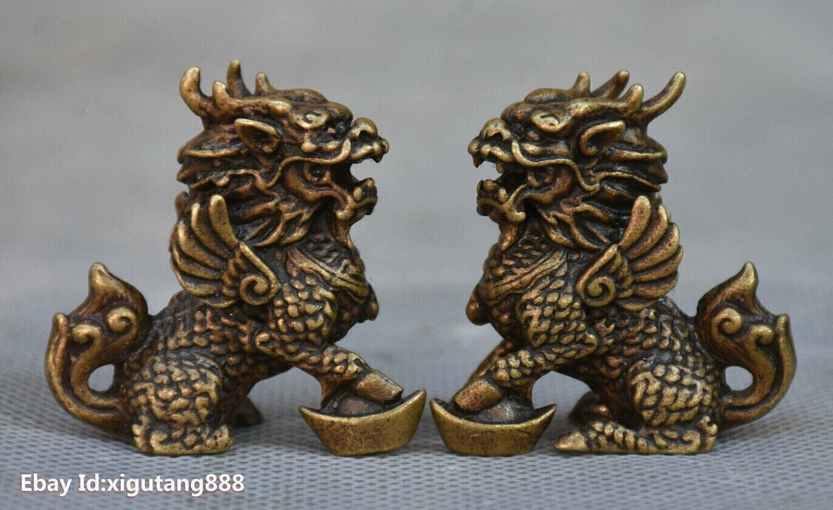 Pairs Chinese Copper Bronze FengShui Lucky Kylin Chi lin Qilin God Beast Statue