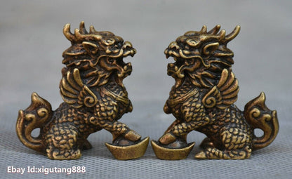 Pairs Chinese Copper Bronze FengShui Lucky Kylin Chi lin Qilin God Beast Statue