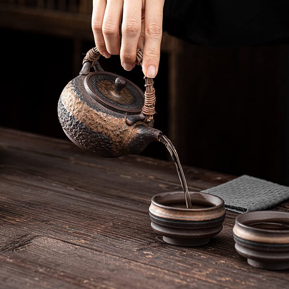 250ml Japanese Rattan Braided Teapot Vintage Coarse Pottery Kung Fu Tea Kettle