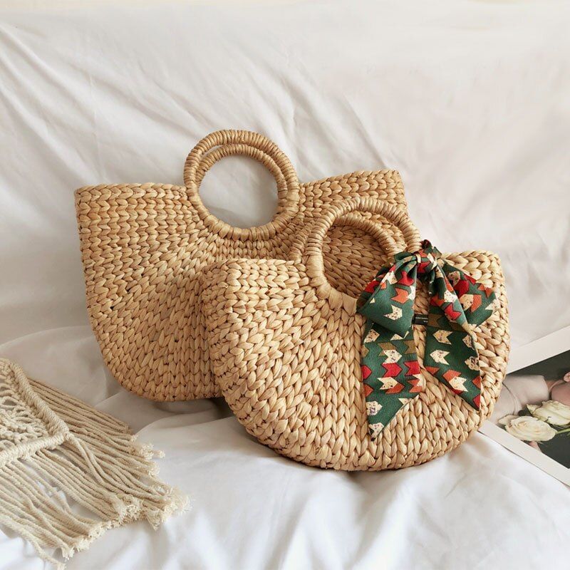 Straw Bags Round Woven Handmade Summer Beach Circle Crossbody Shoulder Bag 1 PC