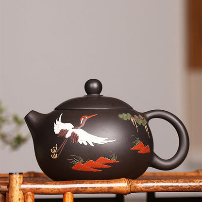 Yixing Zisha Tea Pot Crane Bird Handpainted Xishi Pot Marked Artwork Collect