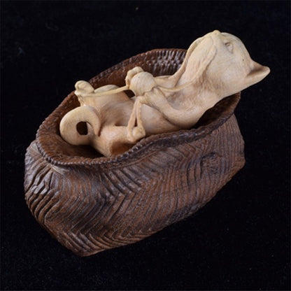 7X5 CM Hand Carved Boxwood Netsuke - Naughty Cat in Basket