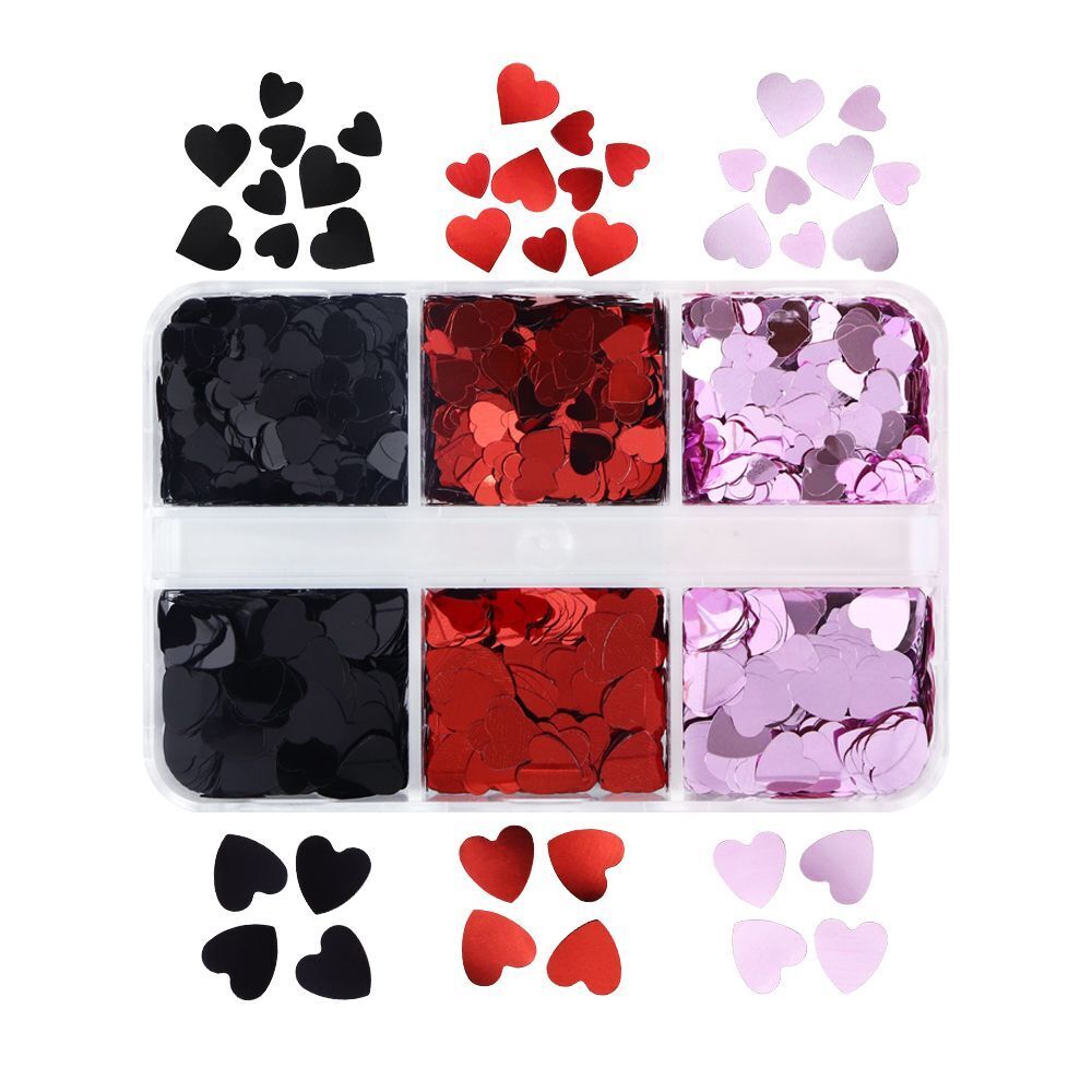 Nail Glitter Sequins 6Grids Mixed Red Black Heart Valentine's Day Manicure Decor