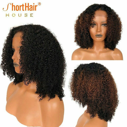 Ombre 1B/30 Short Curly Lace Front Human Hair Wig T Part Bob Wig Remy PrePlucked