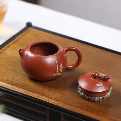 Yixing Zisha Teapot Original Zhuni Clay Xishi Pot Fully Handmade Bamboo Print