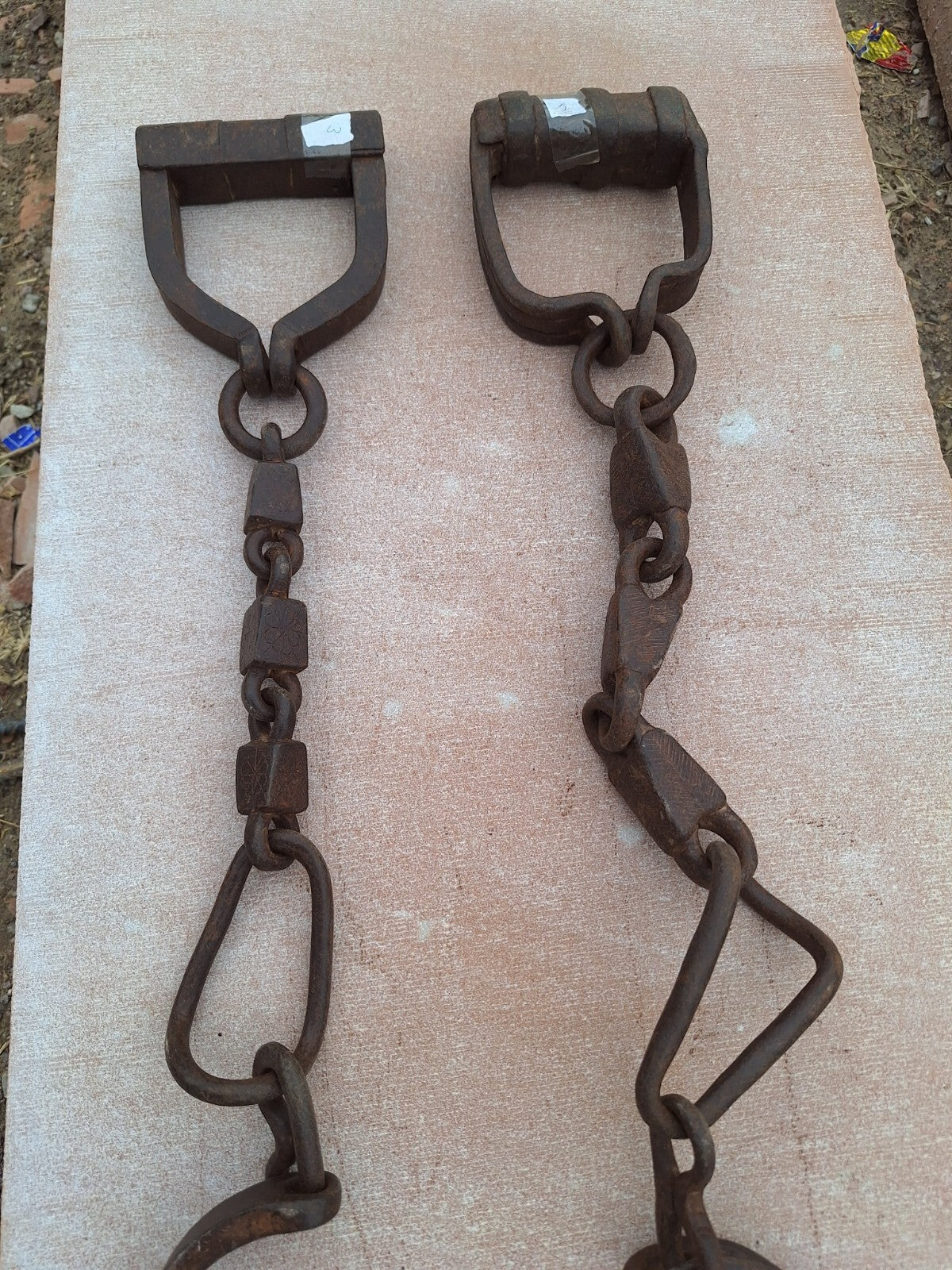 OLD VINTAGE HAND FORGED HORSE LEG IRON CHAIN ANIMALS SHACKLES - SET OF 2
