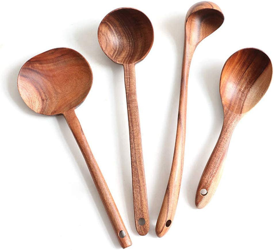 Handmade Wooden Soup Ladle Set Kitchen Spoon Set Utensils Natural Teak 4 Pieces