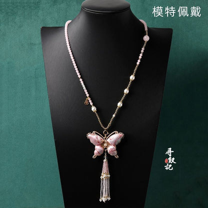 Brocade Butterfly Necklace Chinese Style Cheongsam Hanfu Pearl Chain Pendant