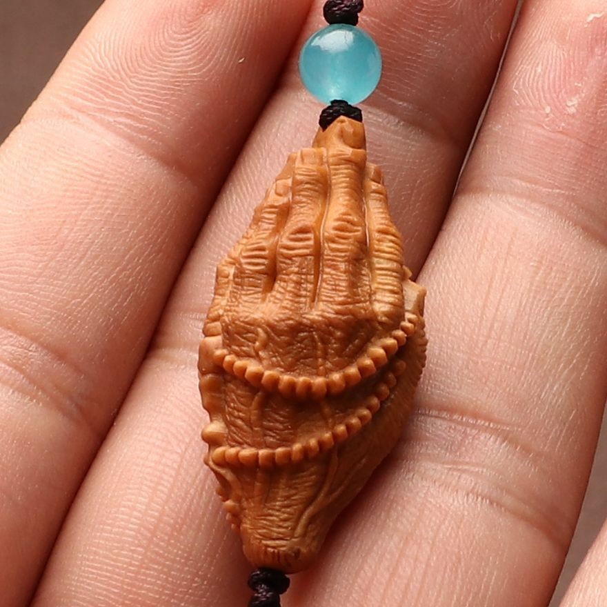 Hand Carved Olive Kernel Buddha Hand Pendant Prayer Bead Charm