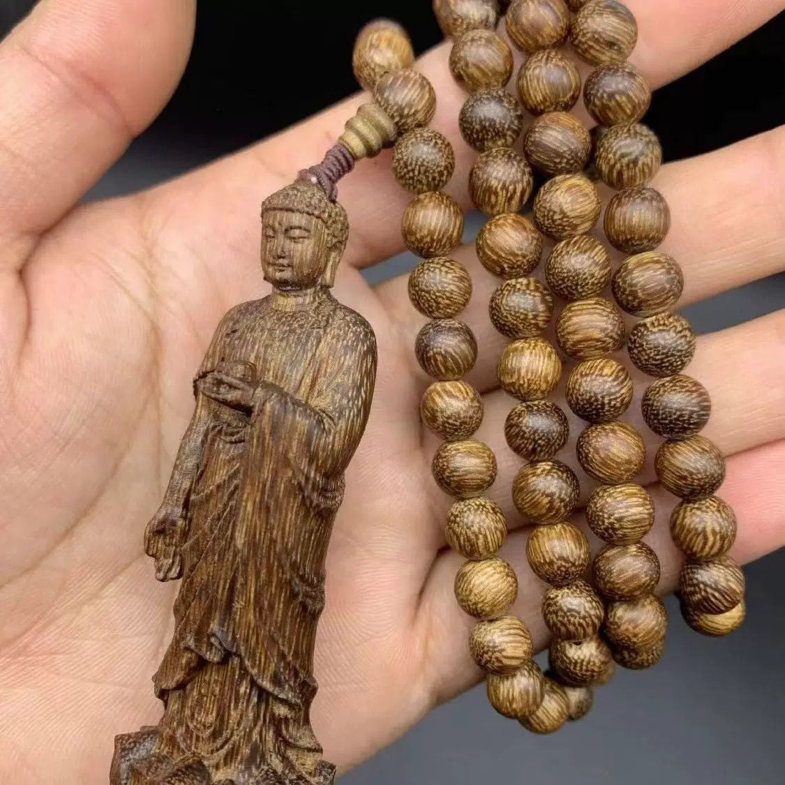 Wood Carved Amithabha Buddha Pendant Mala Beads Lucky Protection Necklace