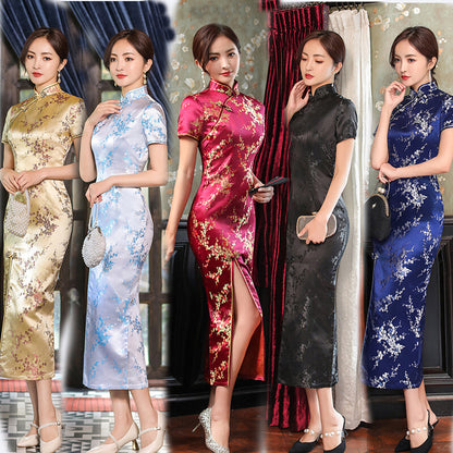 Women Prom Gown Summer Silk Satin Dress Chinese Traditional Cheongsam Size S-4XL