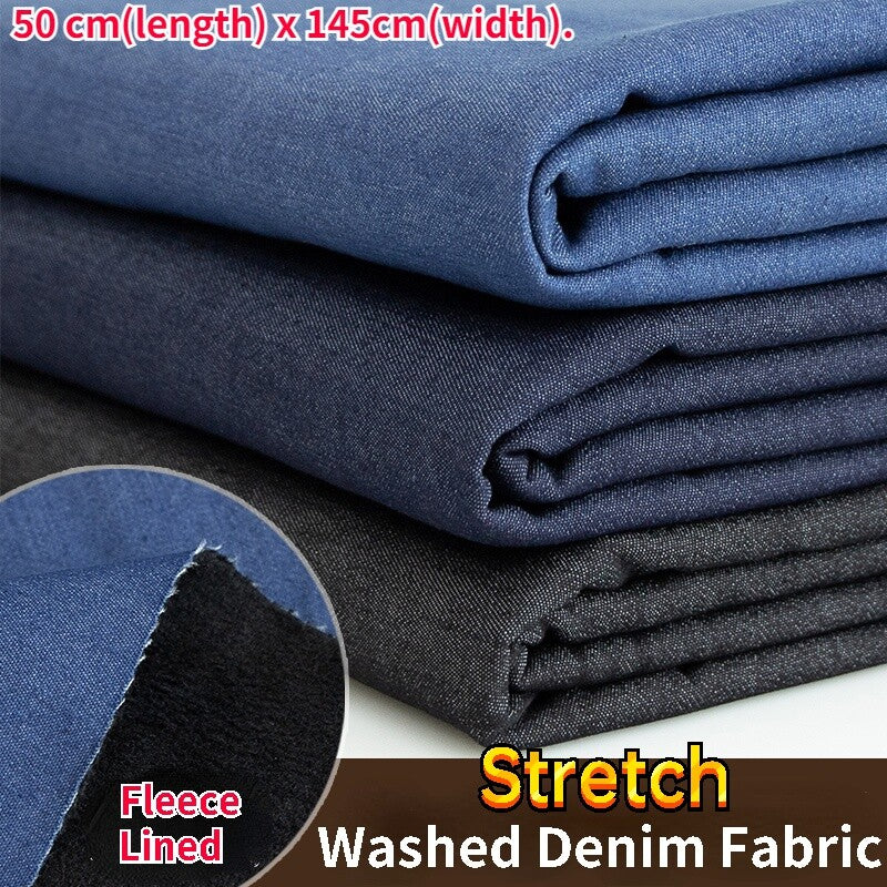 DIY Stretch Washed Denim Fabric Handmade Fleece Lined Warm Jeans Pant Coat Cloth