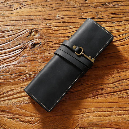 Pencil Case Genuine Leather Tie Rope W/Key Pen School Storage Bag Holder 20x18cm