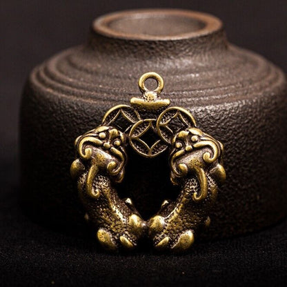 37MM Chinese Bronze Brass Animal Two Pixiu Pi Xiu Unicorn Wealth Amulet Pendant