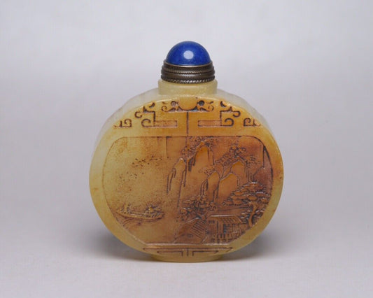 Vintage Chinese Hetian Jade Carving Landscape Snuff Bottle Statue Snuffbox Rare