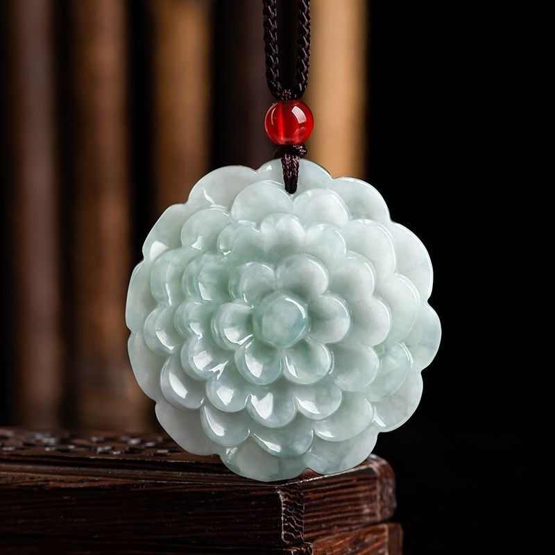 Natural Burmese Grade A Jade Peony Pendant Icy Jade Women's Necklace Jewelry