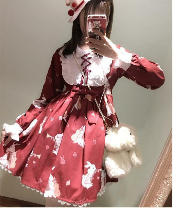 Girl's Lolita Dress Vintage Rabbit Musical Instrument Print Long Sleeves Dress
