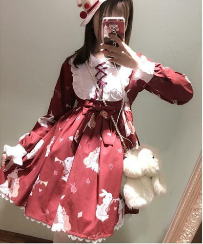 Girl's Lolita Dress Vintage Rabbit Musical Instrument Print Long Sleeves Dress