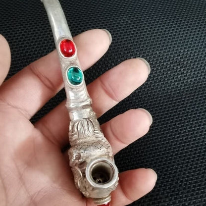 Old Chinese tibet hand-carved Dragon phoenix inlay gem pipe Smoking tools