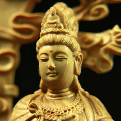 Modern Solid Wood Water Moon Guanyin Statue Finely Carved Buddha Statues