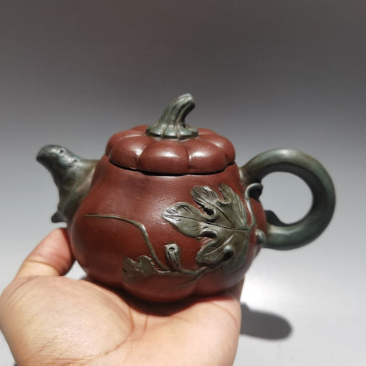 6.3" China Yixing Zisha Clay Carved Pumpkin Statue Kung Fu Tea Exquisite Tea Pot