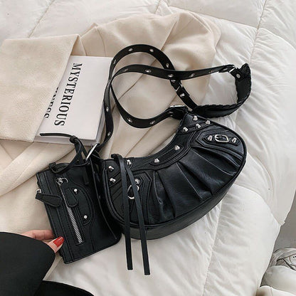 Half Moon Shape Leather Armpit Crossbody Bag Punk Style Vintage Handbag 2Pcs/set