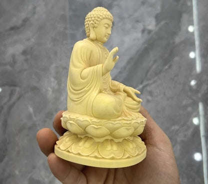 4" Boxwood Hand Carved Shakyamuni Buddha Statue Buddhism Zen Figure Shrine Decor