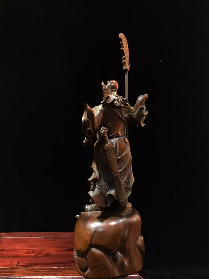 Chinese Antique Wood Carved Boxwood Guan Yu Figure Statue Sculpture Art