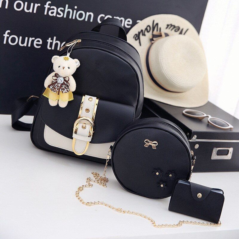 Leather Three Piece Backpack Sets Women Fashion Leather Backpack Card Holder 1PC