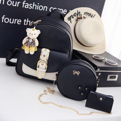 Leather Three Piece Backpack Sets Women Fashion Leather Backpack Card Holder 1PC