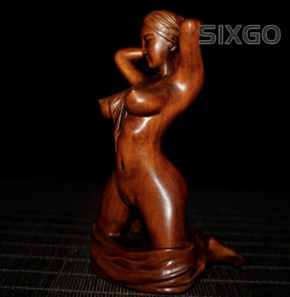 Old Chinese Boxwood Wood Hand Carving Art Nude Beauty Belle Statue Sculpture