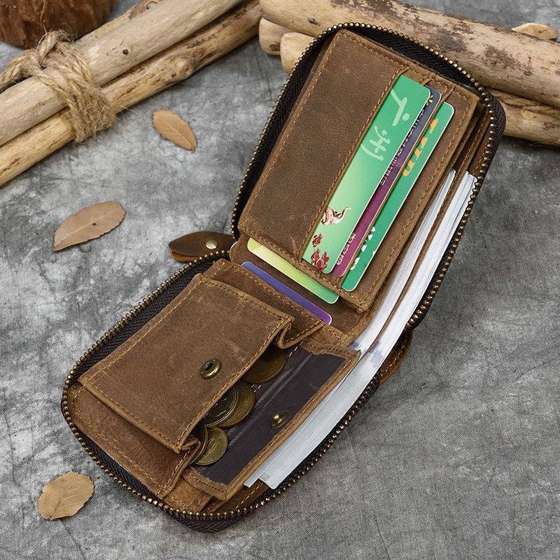 Genuine Leather Zipper Wallet Cowskin Short Purse Coin Pocket Zip Card Bag Small