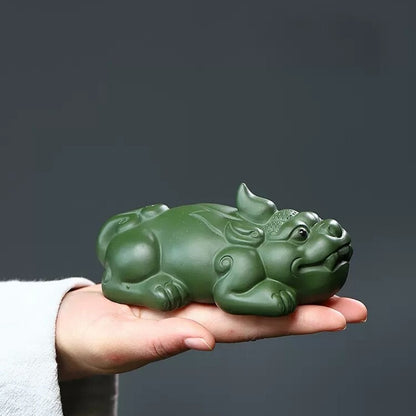 True Yixing Zisha Tea Pet Green Clay Handmade Mascot Mythical Wild Animal Statue