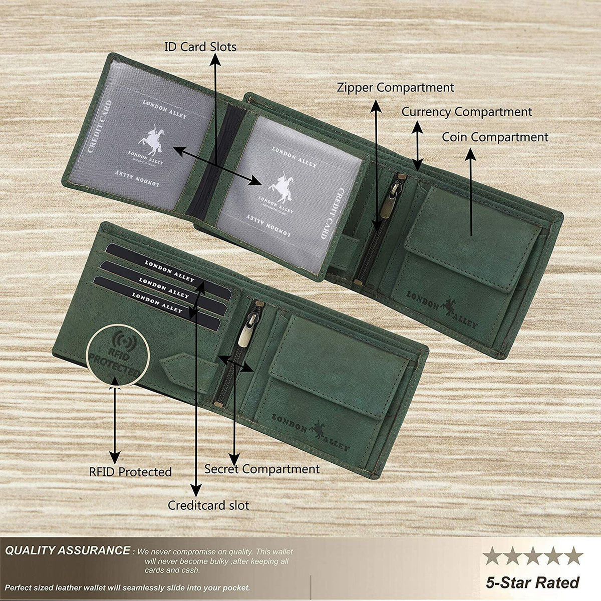 Brand New Authentic RFID Blocking Green BI-Fold Genuine Leather Mens Wallet