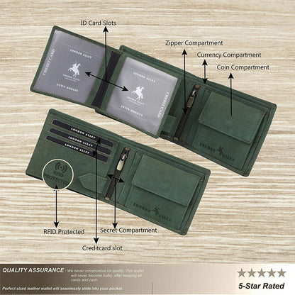 Brand New Authentic RFID Blocking Green BI-Fold Genuine Leather Mens Wallet