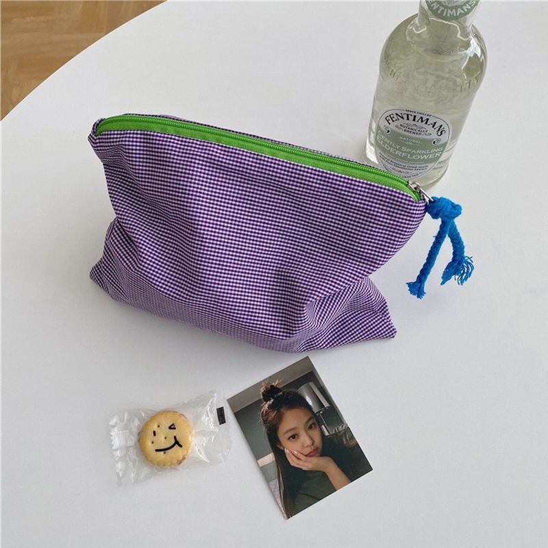 Plaid Cosmetic Bags Multipurpose Toiletry Cotton Zipper Pouch Travel Makeup Bag