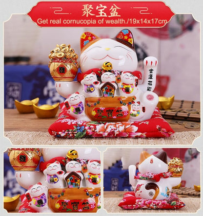 17cm Ceramic Beckoning Cat Maneki Neko Ornament Swing Luck Cat Feng Shui Decor