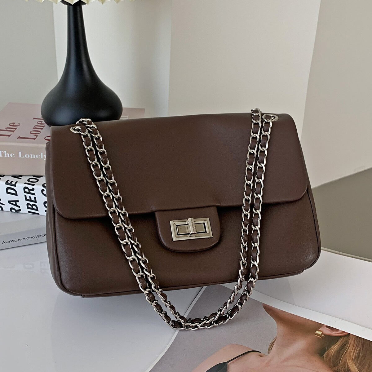 Real Leather Small Flap Purse Shoulder Bag Double Chains Crossbody Work Handbag