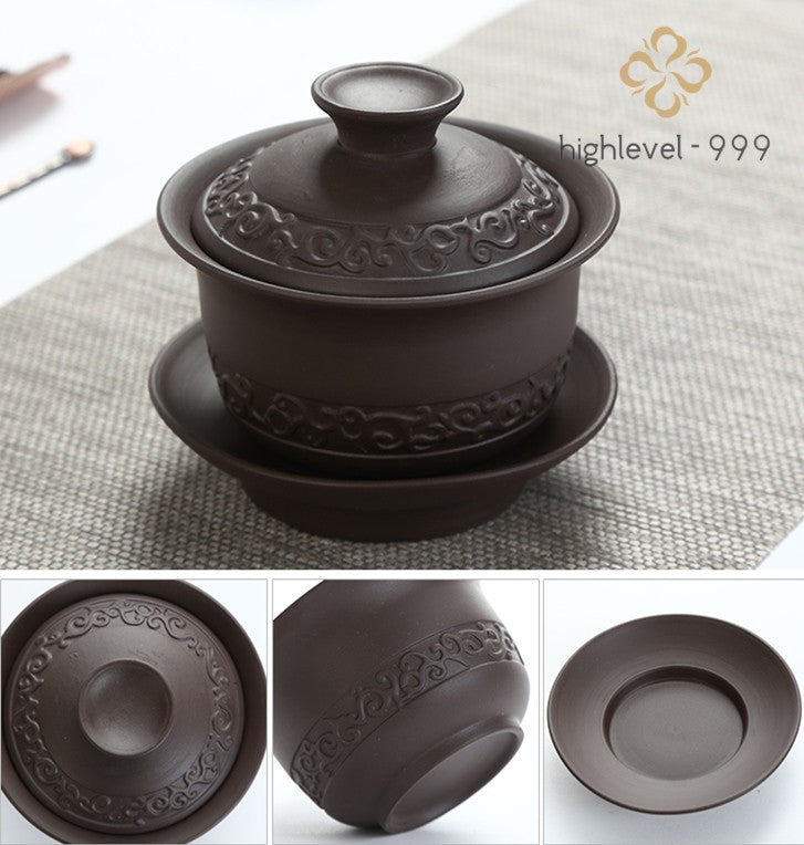 Multi-pattern Yixing Zisha Gaiwan Chinese Purple Clay Tea Bowl Cup Saucer Lid