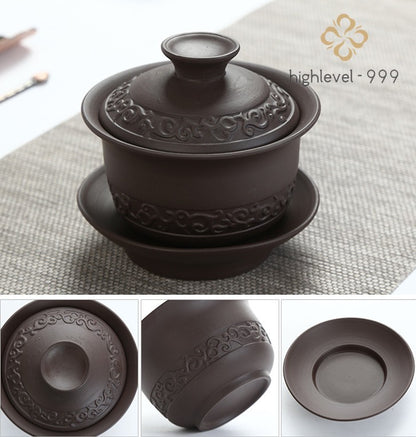 Multi-pattern Yixing Zisha Gaiwan Chinese Purple Clay Tea Bowl Cup Saucer Lid