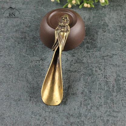 Vintage Brass Copper Deer Dharma Head Tea Scoops Shovel Coffee Black Tea Spoon