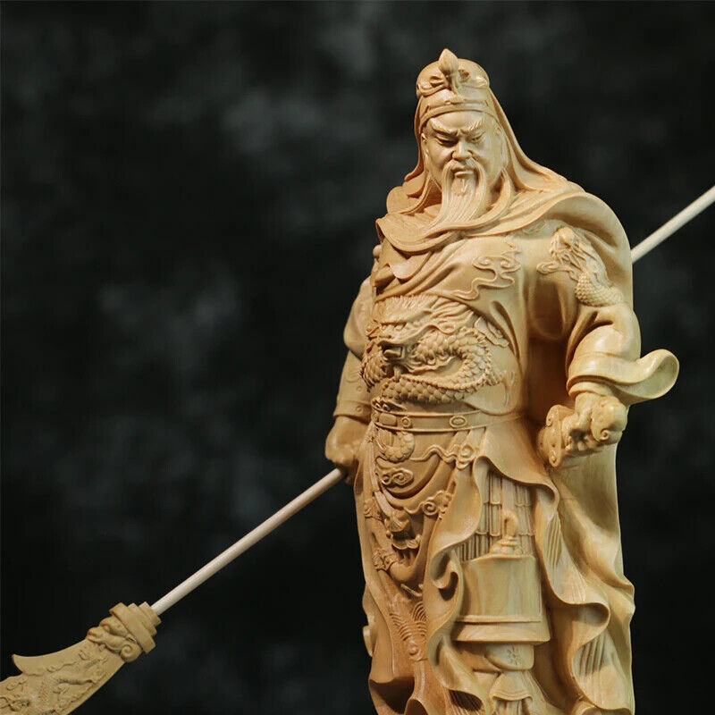20cm Standing Guanyu Wood Statue Chinese Boxwood Feng Shui Wealth God Guan Gong