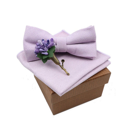 Men Bow Ties 3Pcs Cotton Handkerchief Flower Brooch Women Party Wedding Necktie
