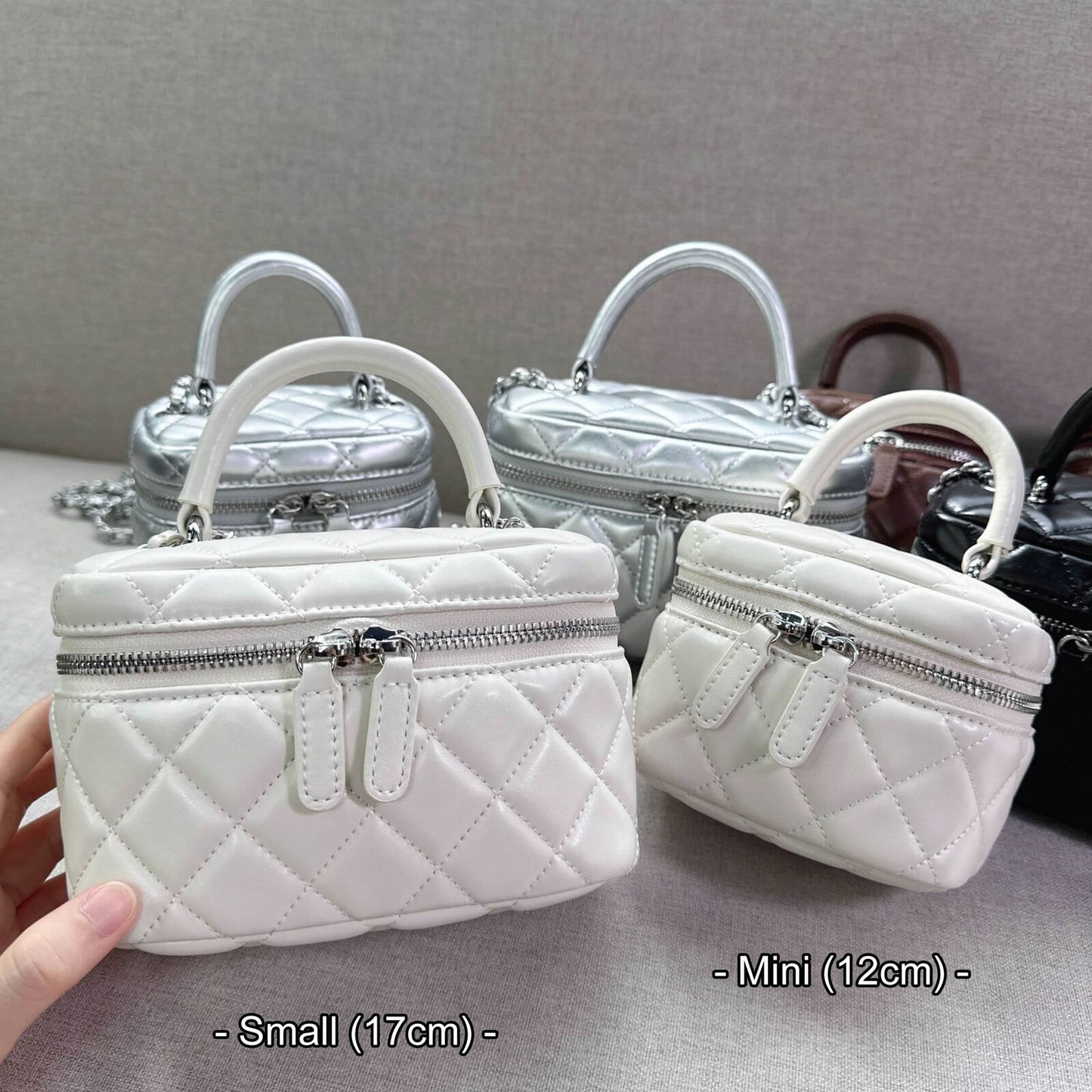 Mini Quilted Real Leather Vanity Case Box Purse Clutch Tote Shoulder Bag Chains