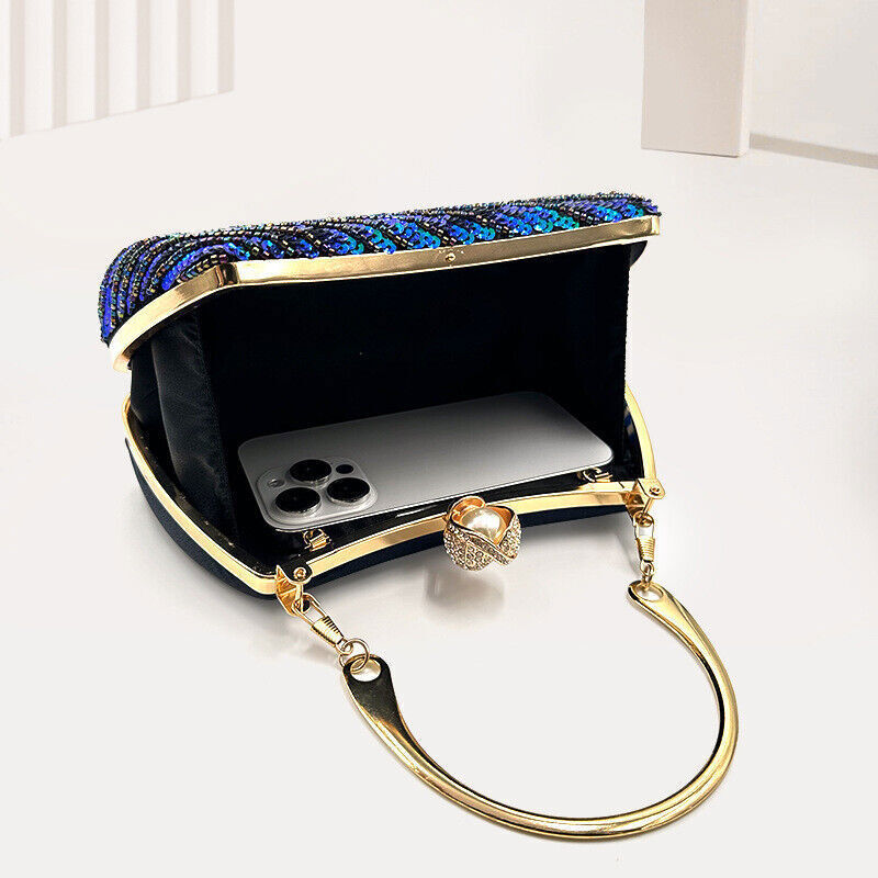 New Vintage Dress Bag Hand Peacock Feather Sequin Bag Prom Evening Bag